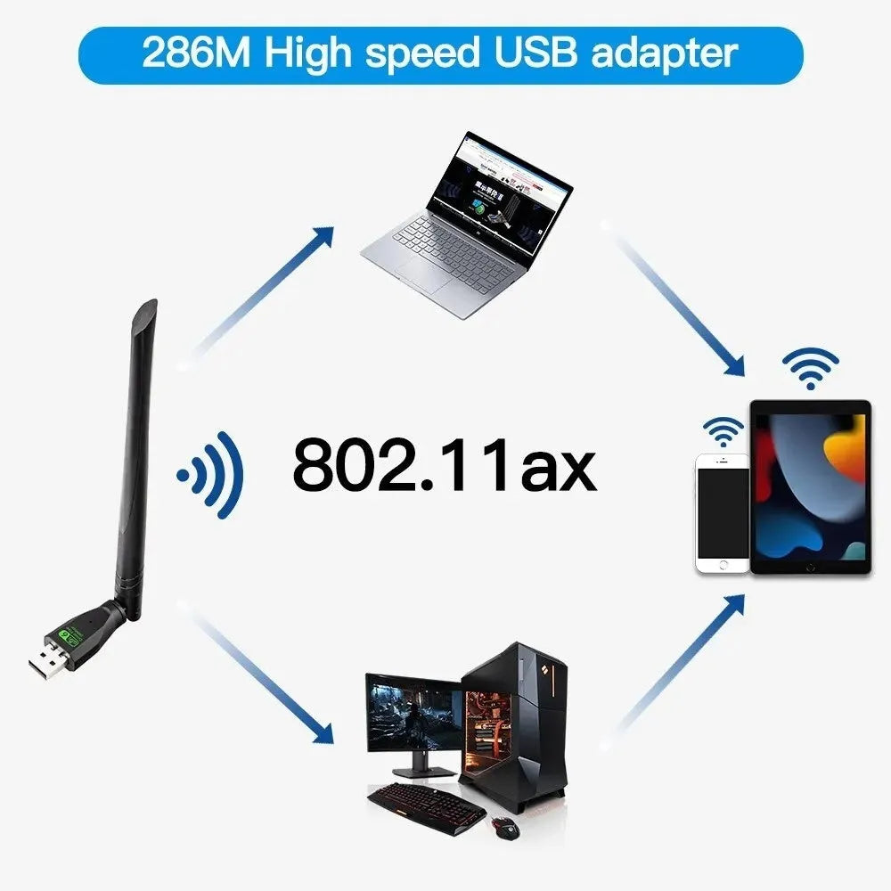 Black USB WiFi6 wireless network card with driver-free installation for desktop and laptop computers