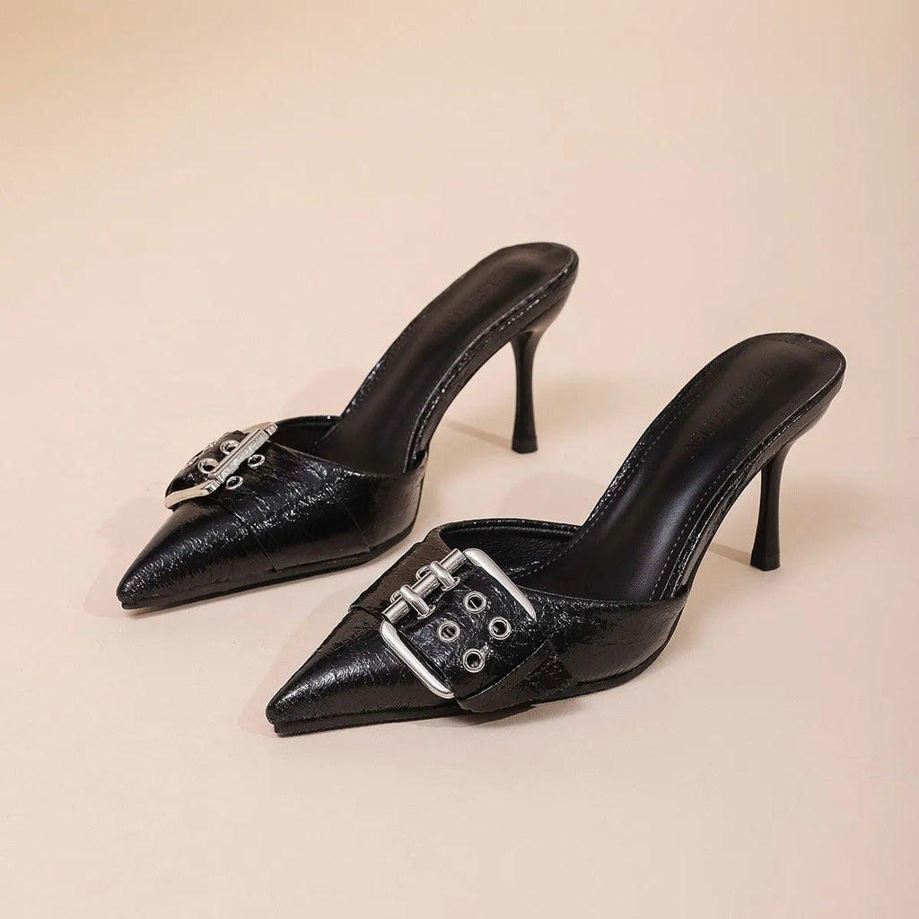 Black women's pointed high heels with metal buckle decoration on thin ankle strap