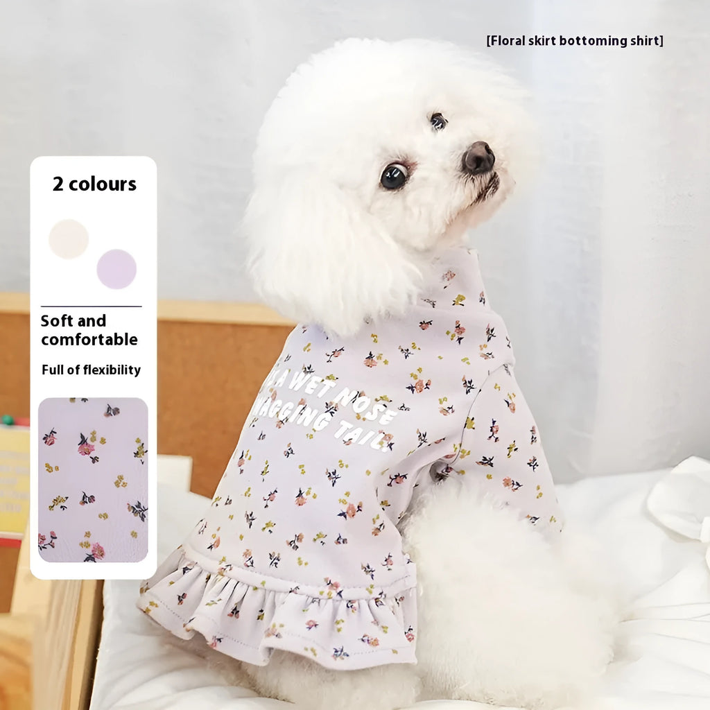 Teddy Bichon dog wearing light purple floral pattern polyester undershirt pet clothing