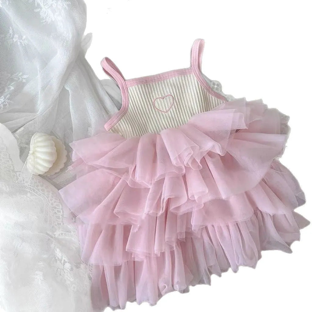 Girl's cotton baby cake dress in light blue love cake print suspender style