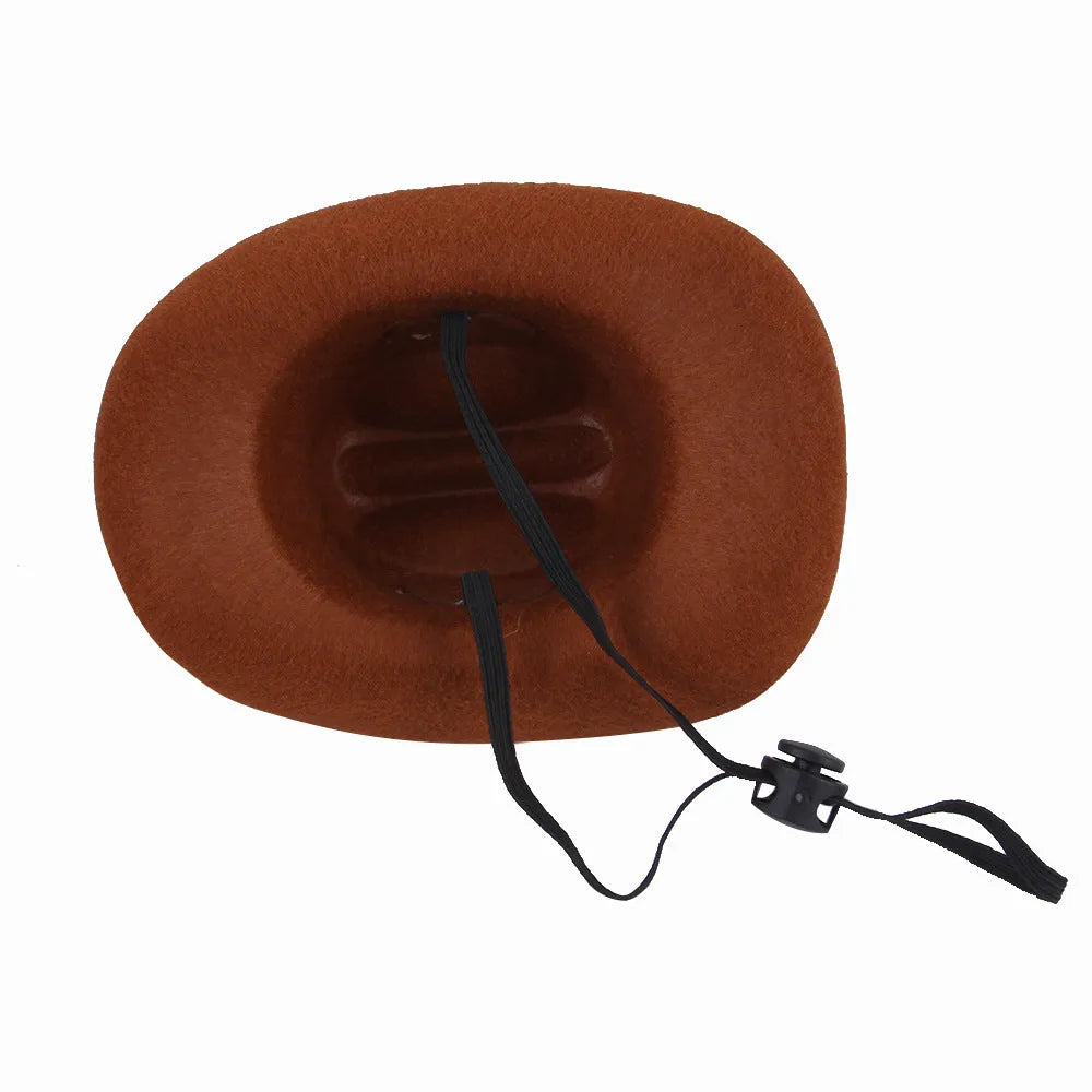 A brown adjustable cowboy hat for a dog or cat on a white background.