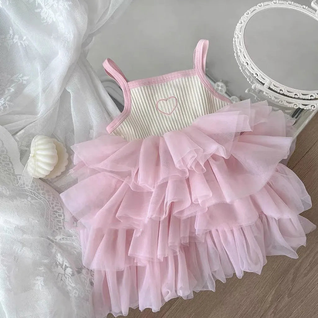 Girl's cotton baby cake dress in light blue love cake print suspender style