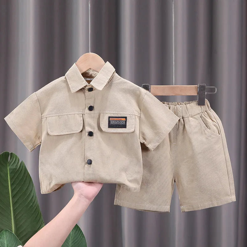 Boys cotton short-sleeved shorts suit set in solid colour, available in green beige blue for heights 80-120cm