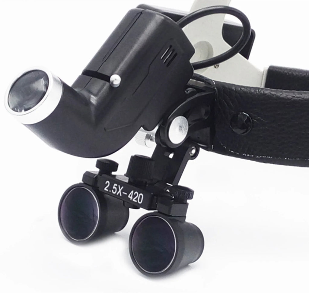 Head-mounted medical magnifying lens LED spotlight in white with adjustable magnification