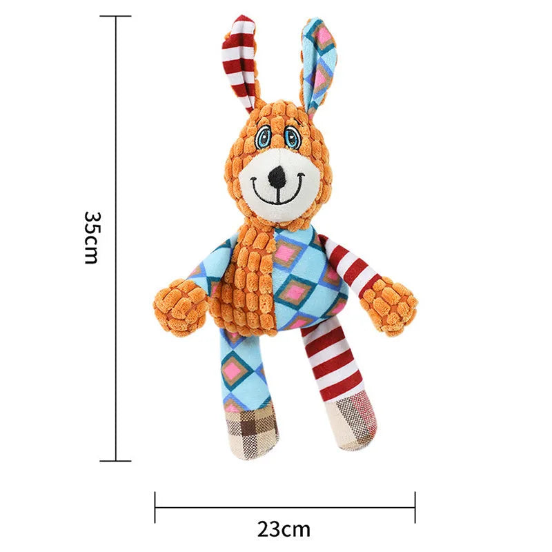 Interactive dog toy with squeaky and crinkly sounds, plush construction, available in Elephant Fox Rabbit styles
