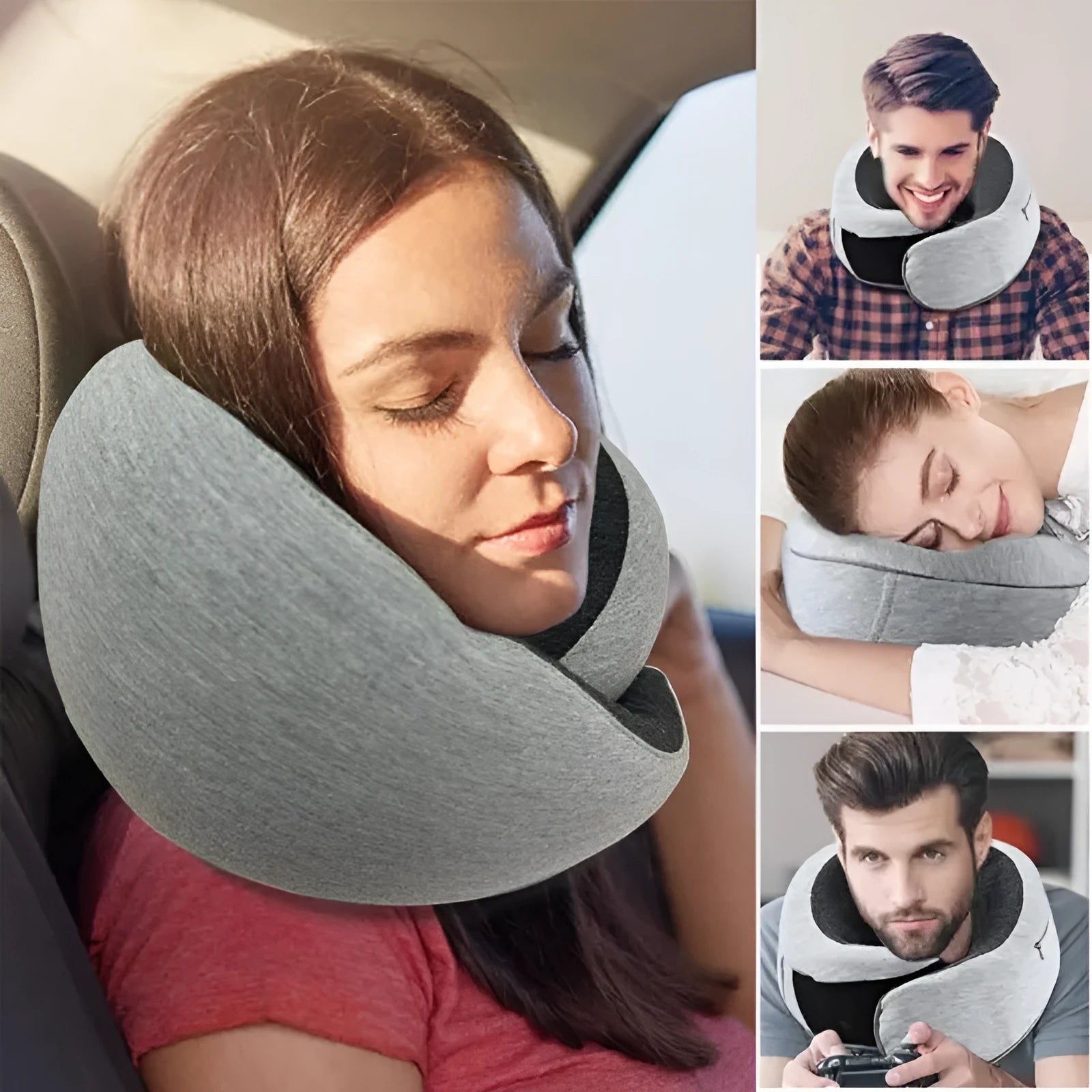 Navy blue U-shaped travel neck pillow with memory foam, shown rolled up next to its carry bag.