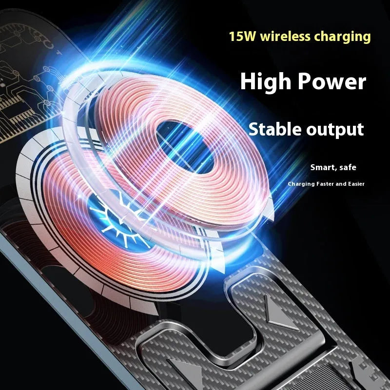 2-in-1 wireless phone charger with foldable bracket, black ABS plastic, 143mm wide