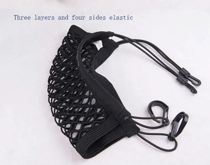 Black elastic car pet fence with nylon hooks for middle seat isolation, available in three styles.
