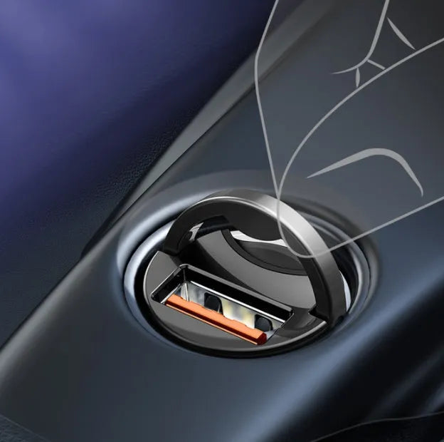 Baseus electro-optical grey mini car charger with single USB port and 1 metre cable.