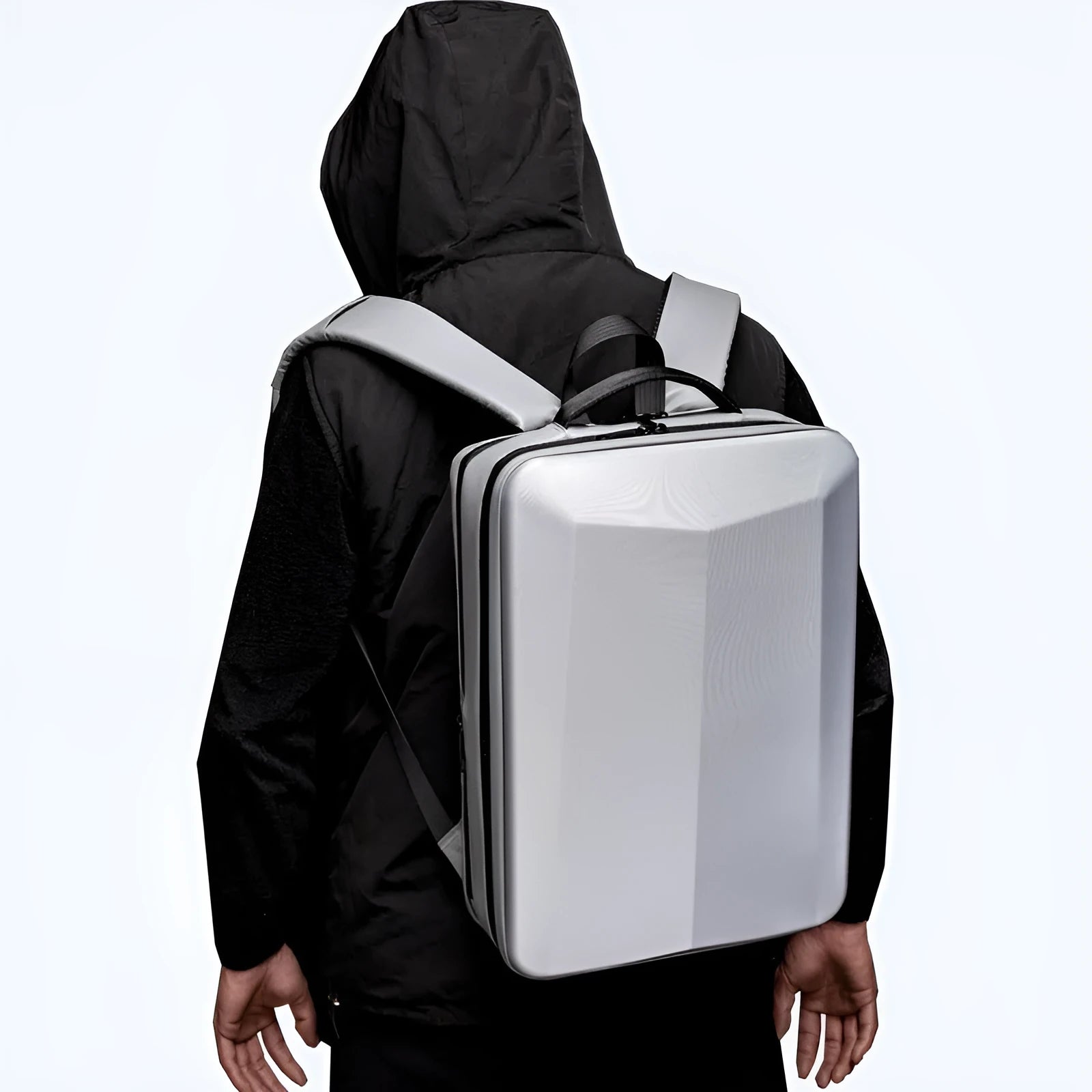 Men's black business backpack with waterproof Oxford cloth exterior and curved shoulder straps