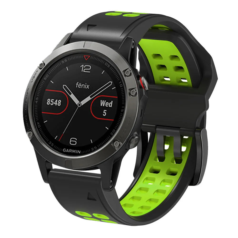 Two-colour quick release silicone watch strap showing pin buckle and double-row holes, in Army Green and black.