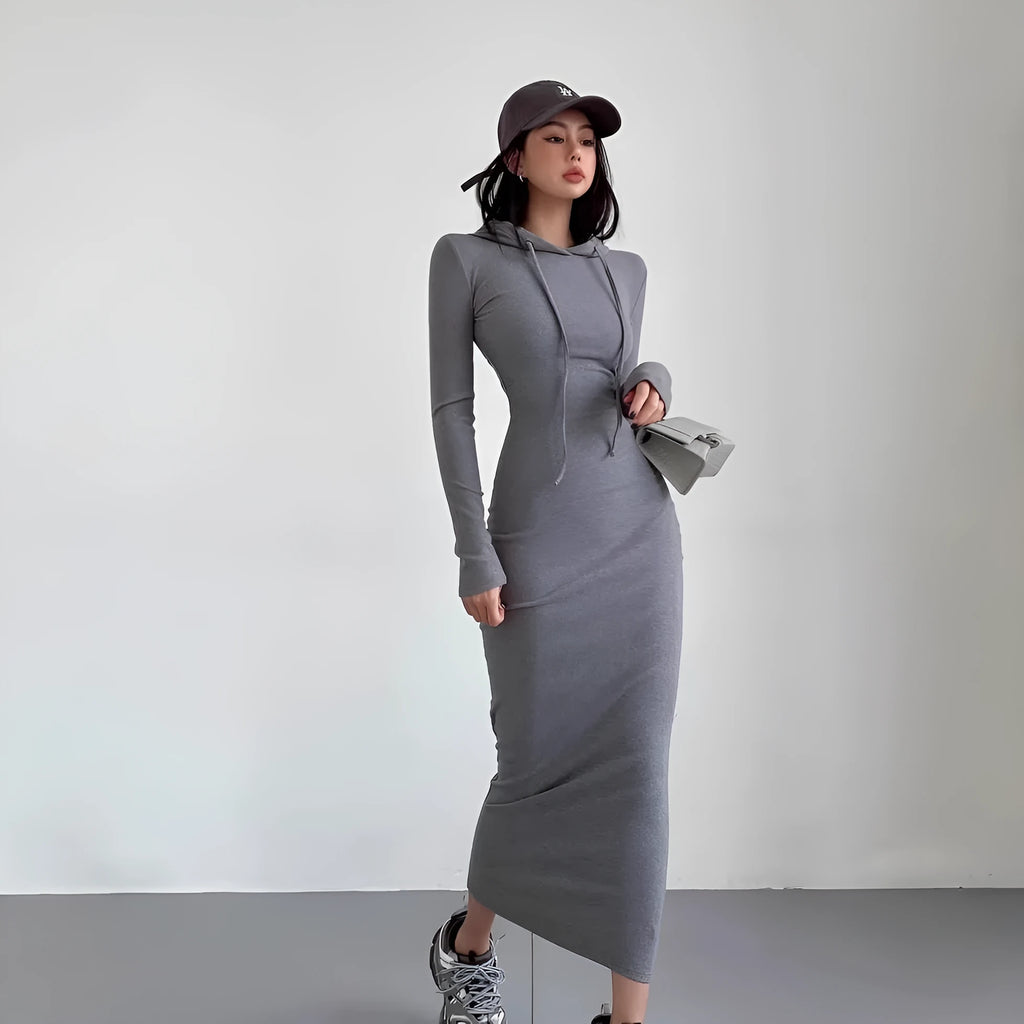 Women's long sleeve hooded sheath dress in grey shown at knee length
