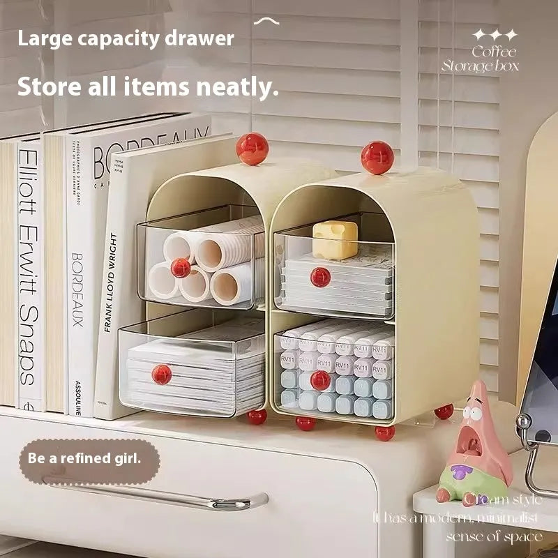 Large capacity clear plastic storage box in milky white and red for office tea room, drawer design