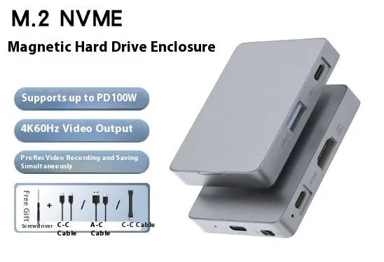 M2 magnetic aluminium alloy hard disk box with cables and screwdriver, 75x58x11mm