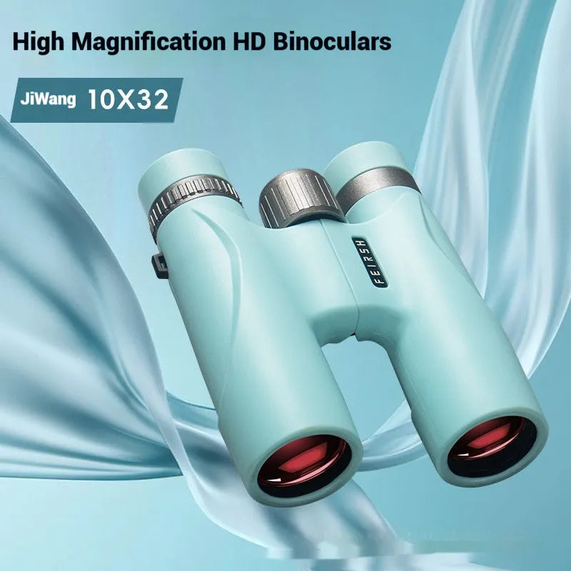 Blue 10x32 plastic binoculars with wine red film lenses showing 96m field of view specification.