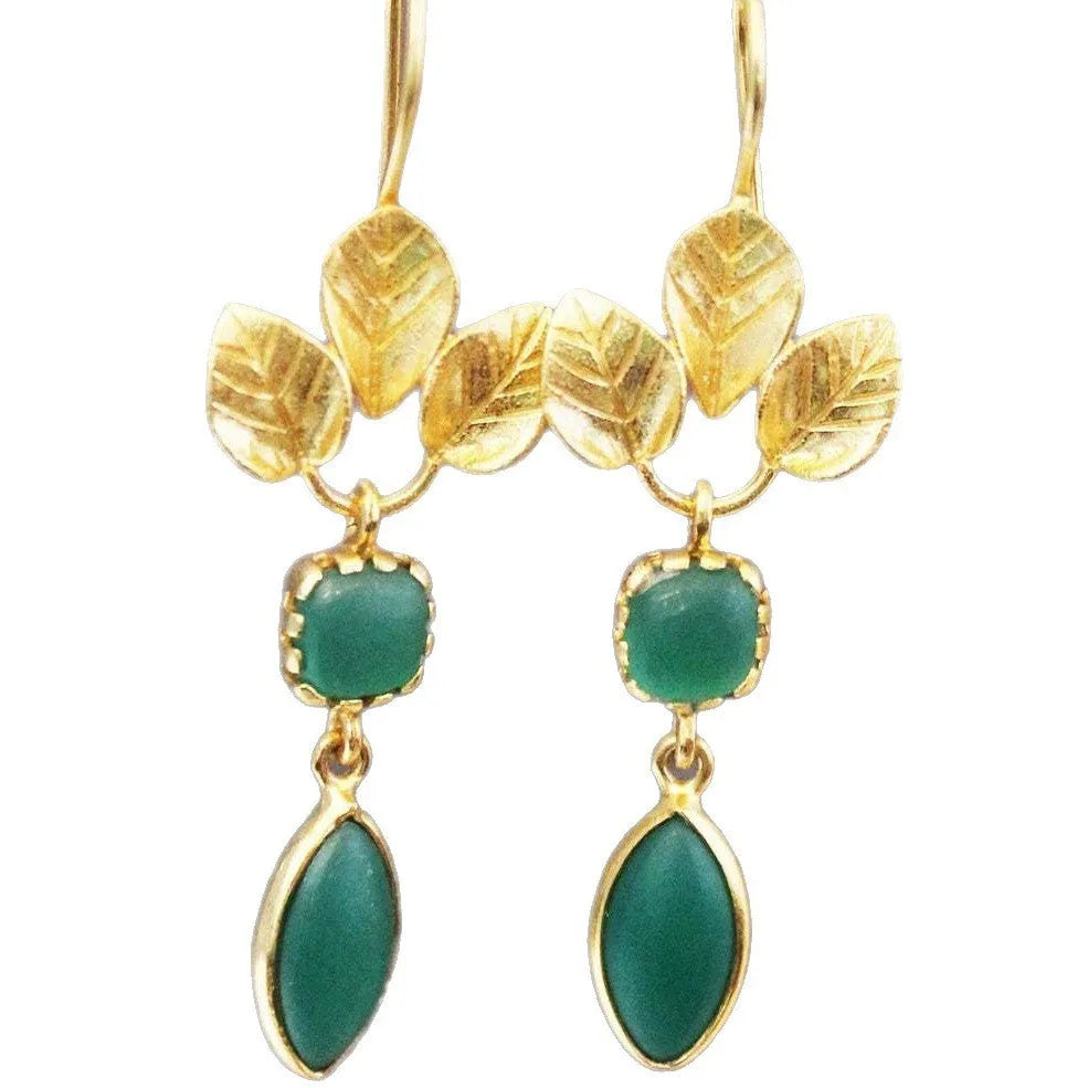Gold colour drop-shaped earrings with French leaves tassel and water droplet zircon detailing