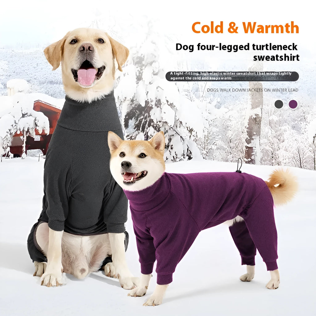 Dark grey polar fleece dog coat with high collar and four-legged design for winter warmth