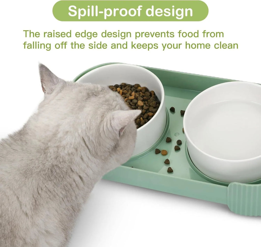Ceramic elevated cat bowls with 15 degree tilted stand in green, white and yellow colours