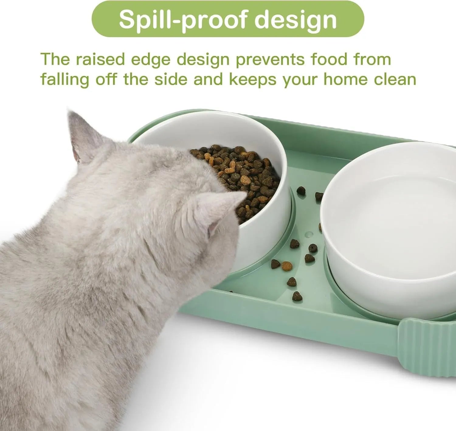Ceramic elevated cat bowls with 15 degree tilted stand in green, white and yellow colours