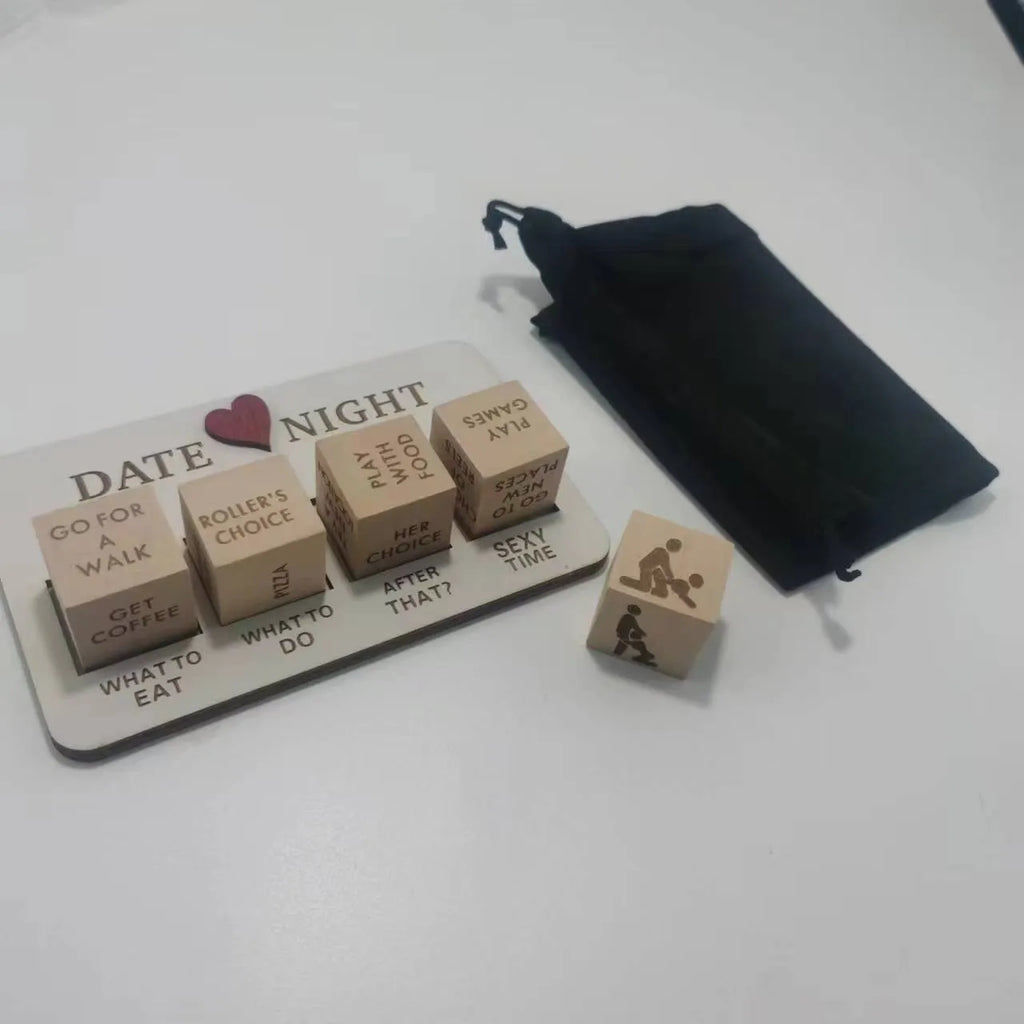 Wooden date night dice set for couples showing five dice, a rectangular planner board, and a black storage bag.