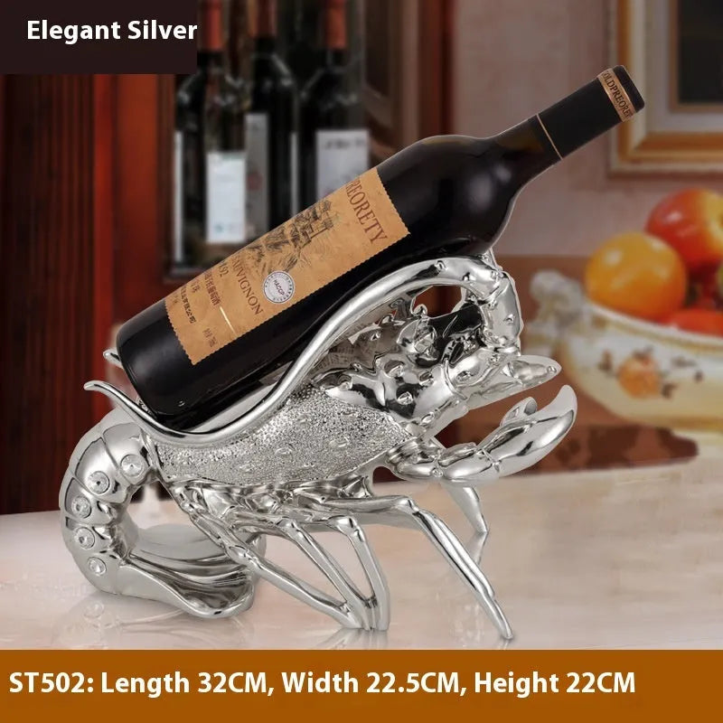 Lobster-shaped wine rack ornament in rose gold or silver resin for decorative bottle display.