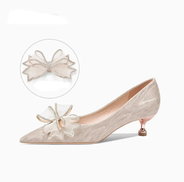 Women's champagne sequined stiletto heels with crystal decoration and pointed toe