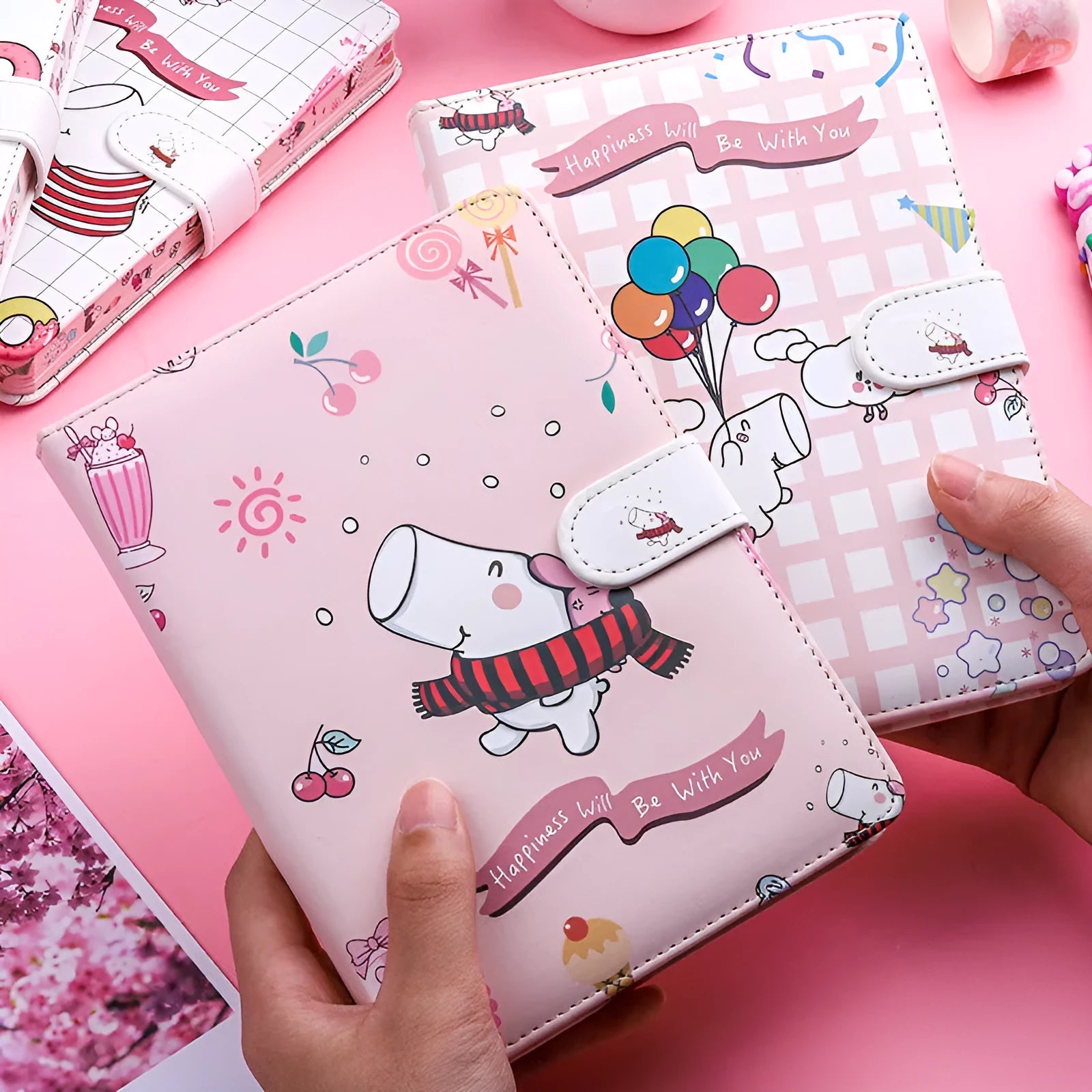 White portable notebook with magnetic buckle showing Kaba bear hippo and heart design