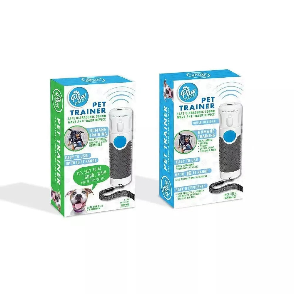 White handheld ultrasonic dog trainer device with LED light for bark control and behaviour correction