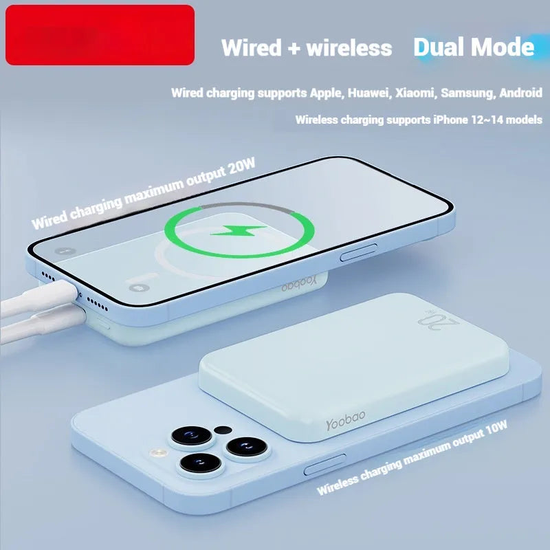 10000mAh magnetic wireless power bank in white, blue, or purple with Type-C port and compact design
