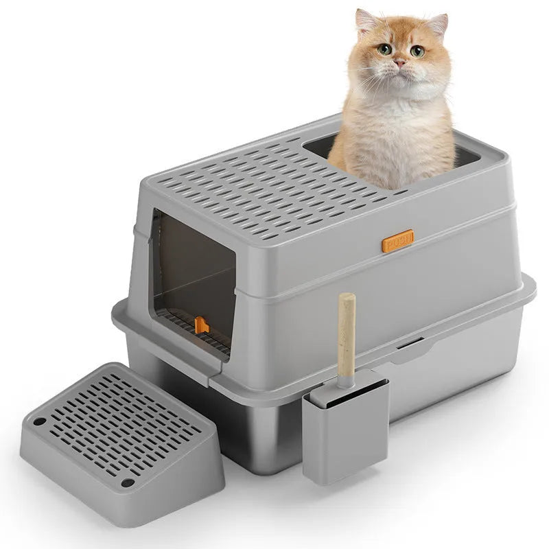 Grey fully enclosed cat litter box with pedal entrance