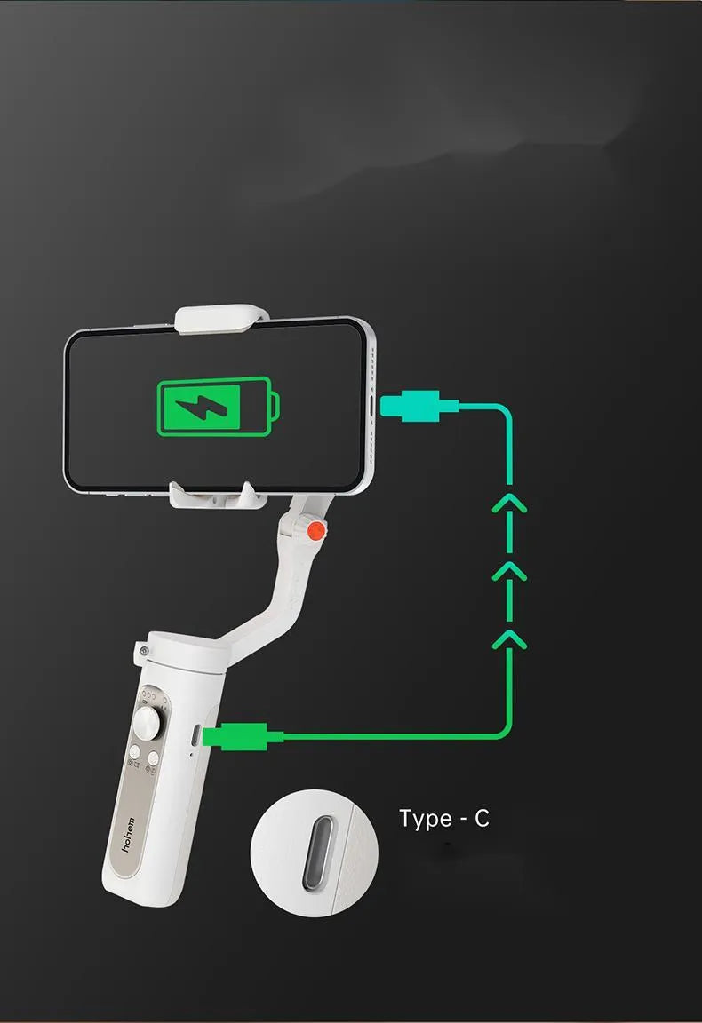 Black and white 3-axis mobile phone stabiliser with foldable design showing compact size