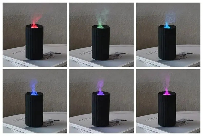 Black and white aroma diffuser humidifier with flickering flame LED effect and water tank