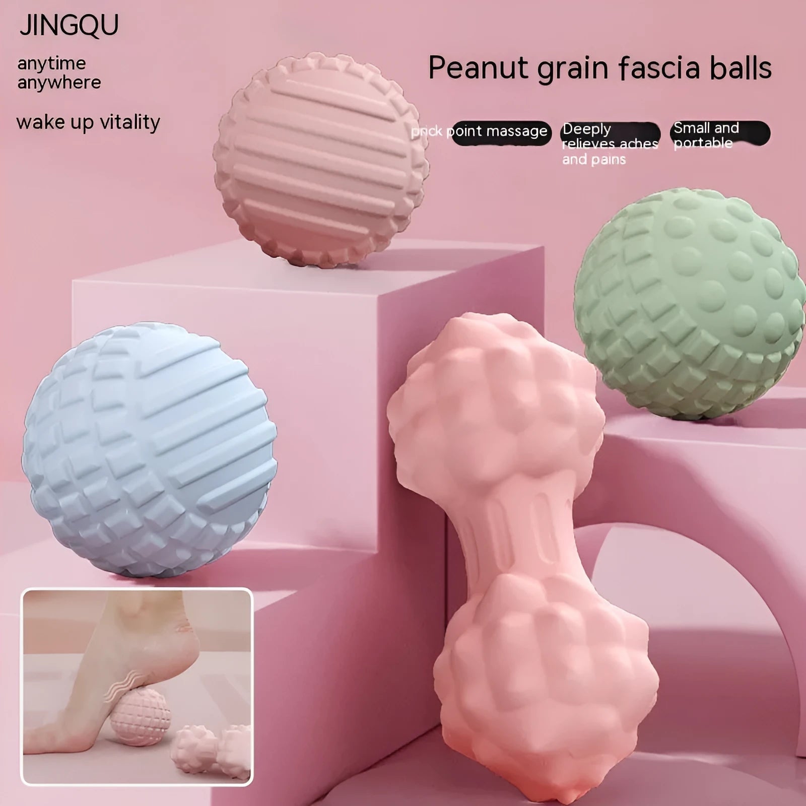6cm TPR foot massage ball in pink, blue, green, and purple colours for pressure point relief