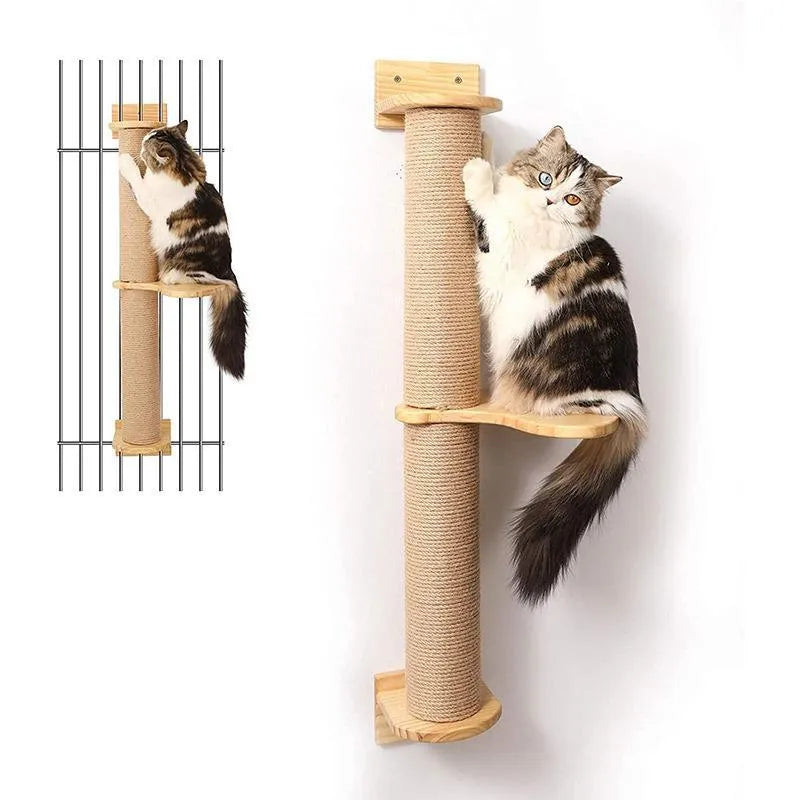 Wooden wall-mounted cat climbing frame with sisal rope scratching post and elevated platform