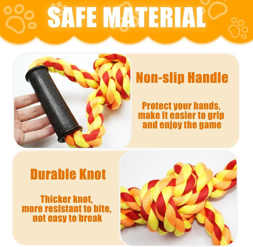Blue and yellow durable cotton dog rope toy with ergonomic handle for large breed chewing and tug-of-war games.