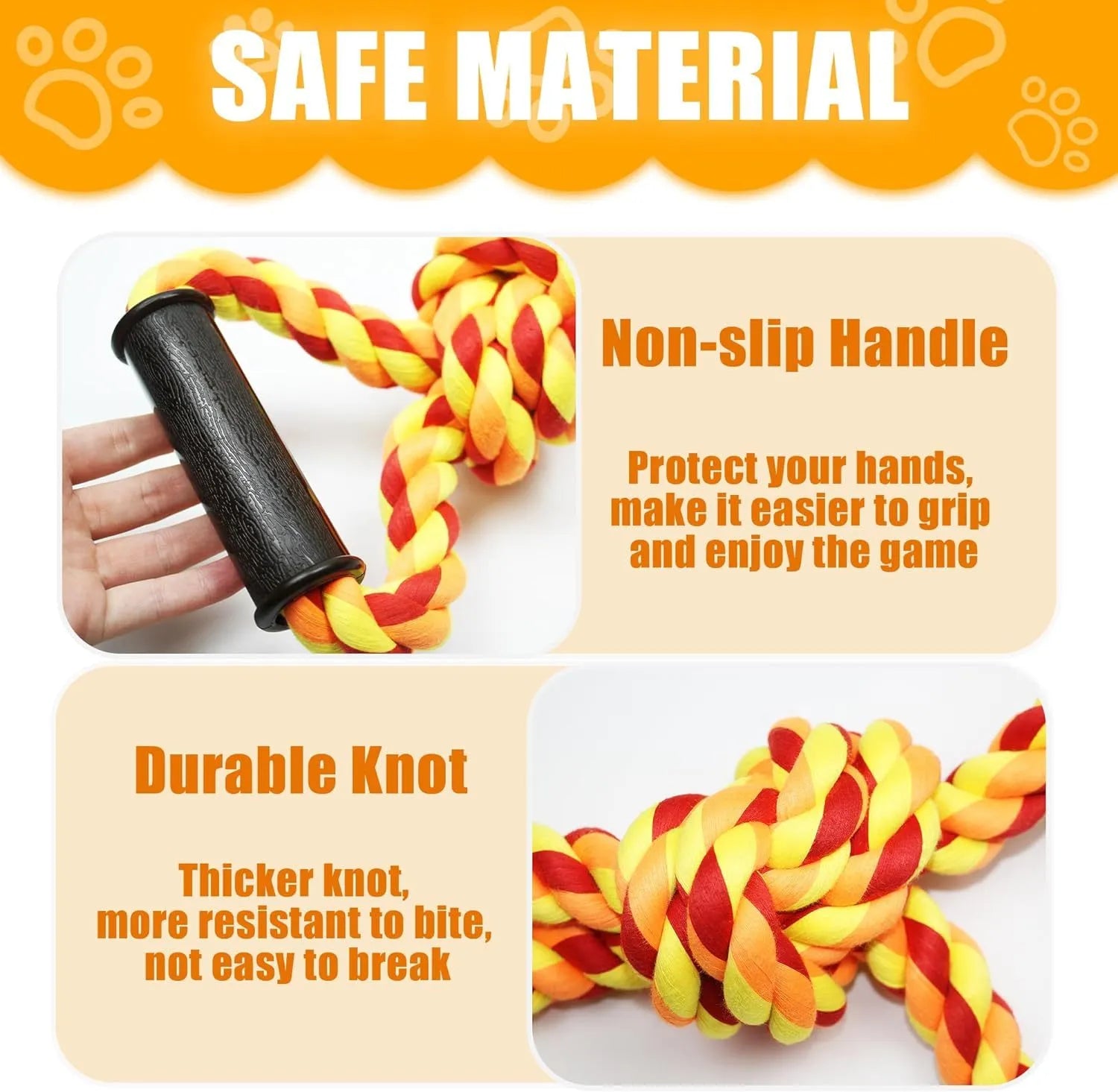 Blue and yellow durable cotton dog rope toy with ergonomic handle for large breed chewing and tug-of-war games.