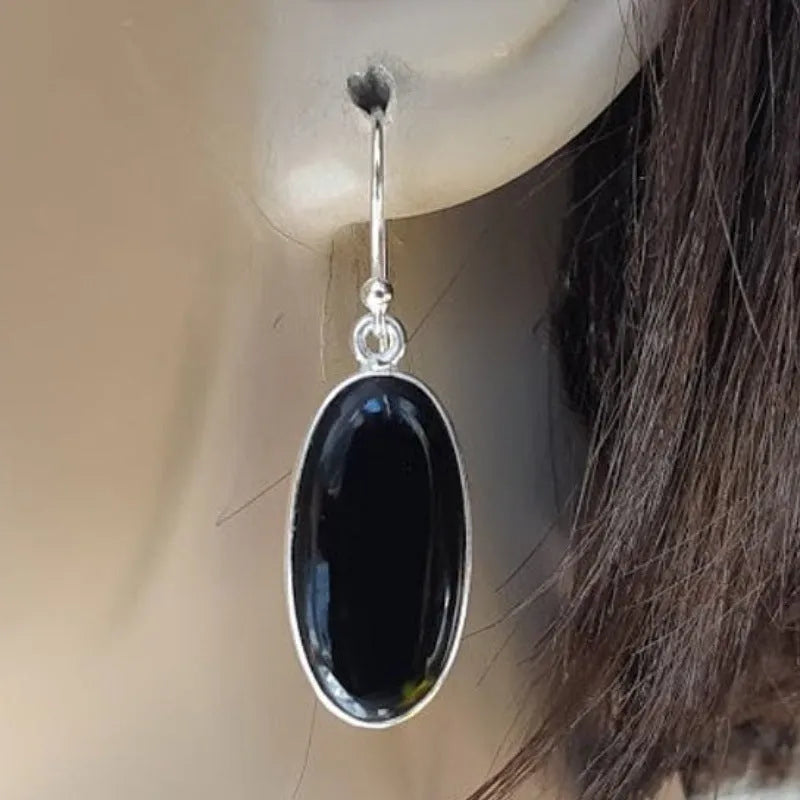 Black agate pendant earrings with geometric design and electroplated alloy construction