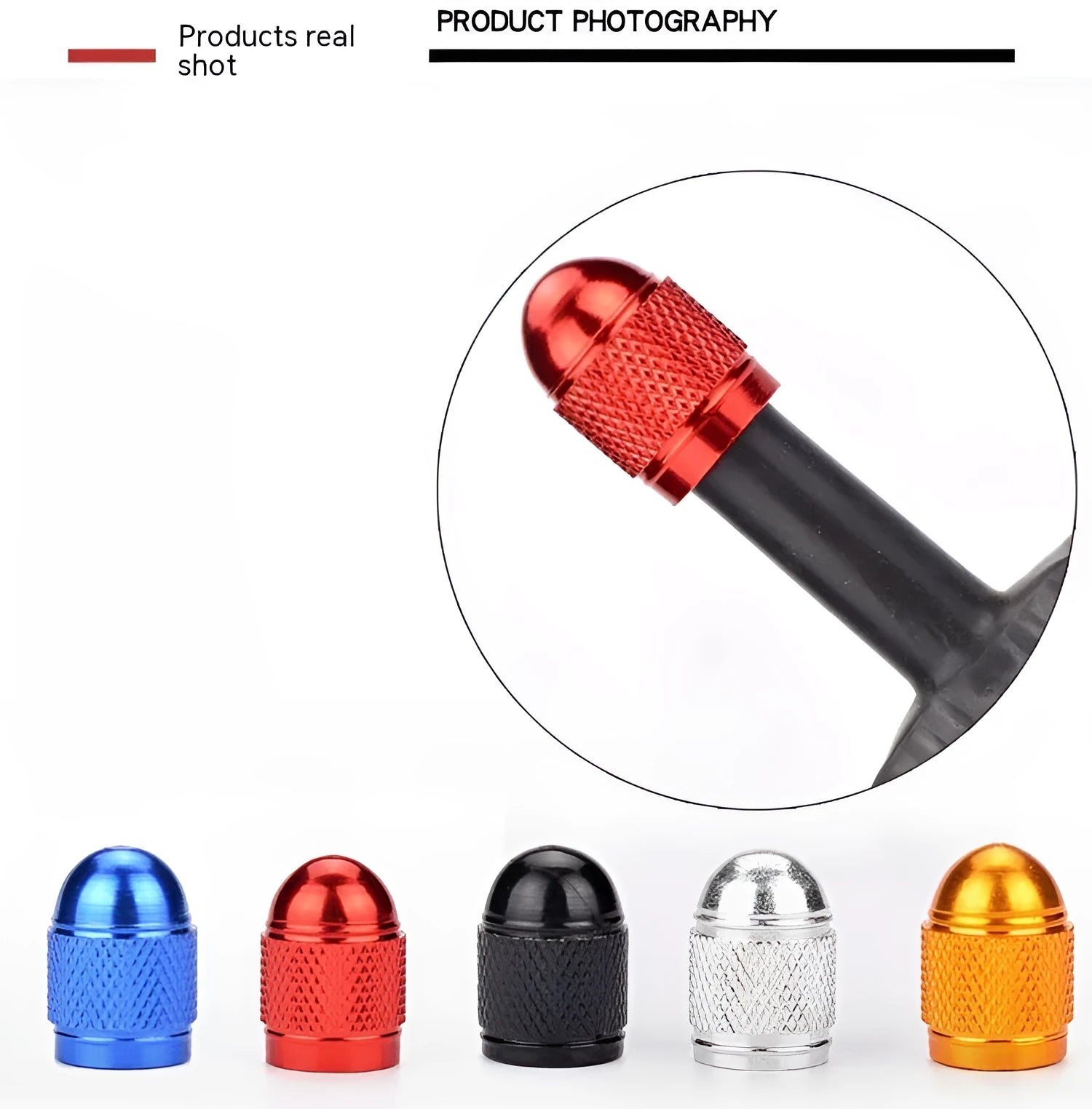Aluminium mountain bike tyre valve caps in black, blue, gold, red, and silver colours.