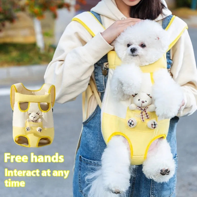 Cartoon style pet chest bag in soft canvas with ribbon trim showing Beka yellow bear stitching pattern