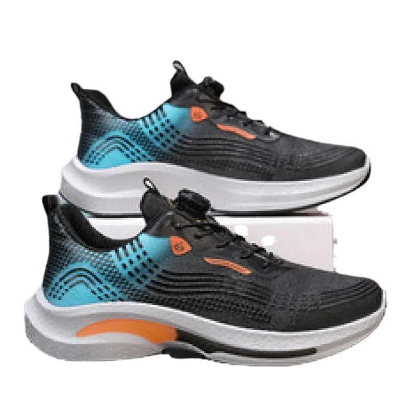 Men's low-top white and orange sneaker with a rotating buckle on a breathable mesh upper.
