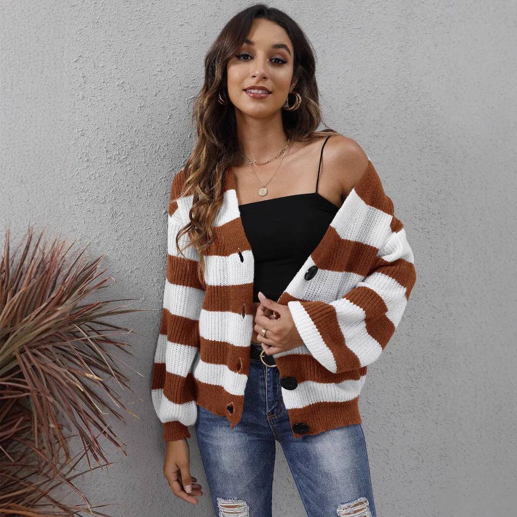 Women's striped cardigan with button stitching in deer plush polyester fabric