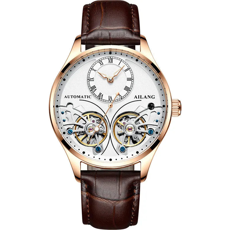 Men's automatic watch with tourbillon and moon phase on a metal case with a black dial.
