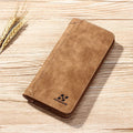 Long men's PU leather wallet in brown, blue or off-white with two-fold opening, car suture detail and card, ID, photo and bill slots.