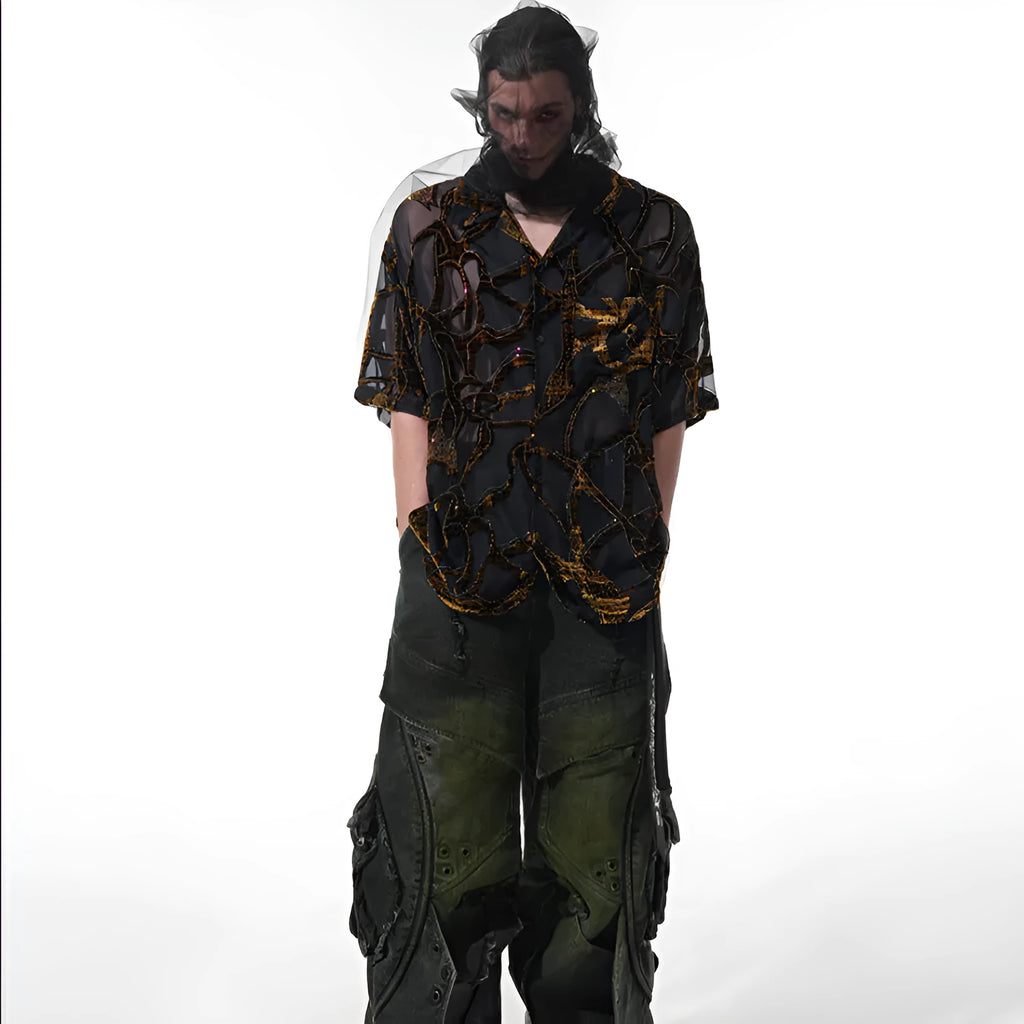 Men's black and grey snake pattern short-sleeved shirt with translucent polyester fabric