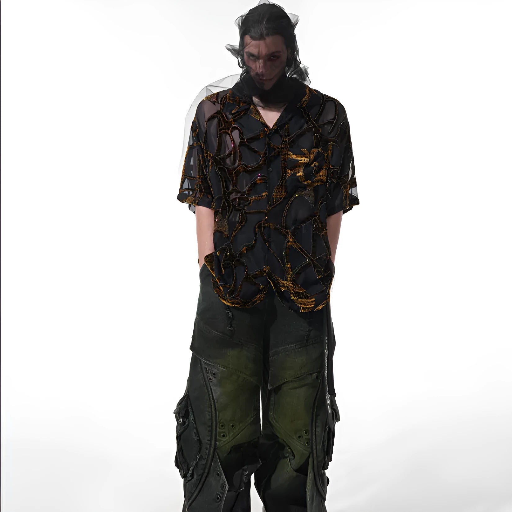 Men's black and grey snake pattern short-sleeved shirt with translucent polyester fabric