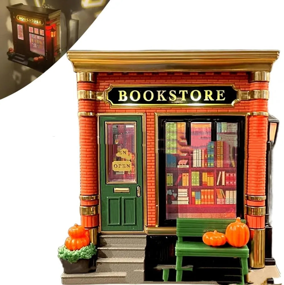 Small cartoon house-shaped night light ornament with festive design, made from resin and plastic.