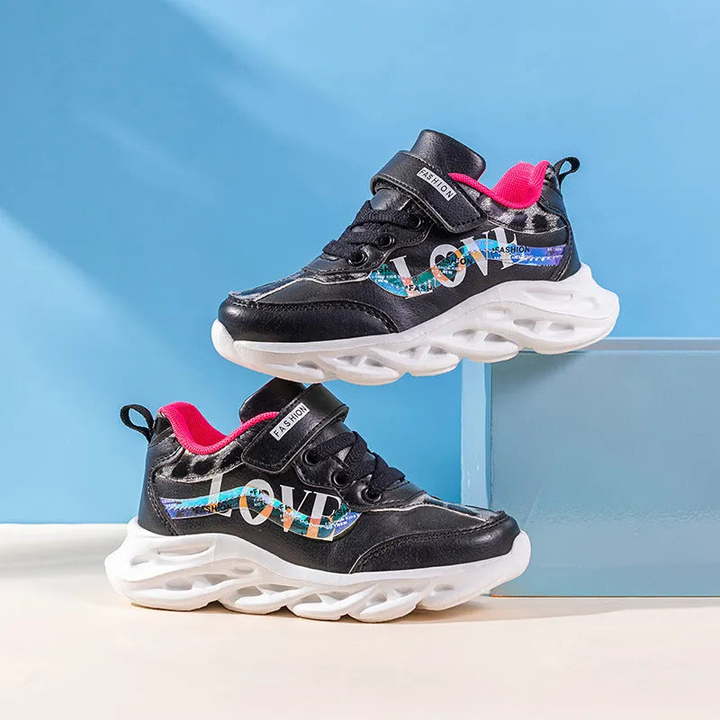 Korean style girls sports shoes in white with Space PU upper and MD sole, side view