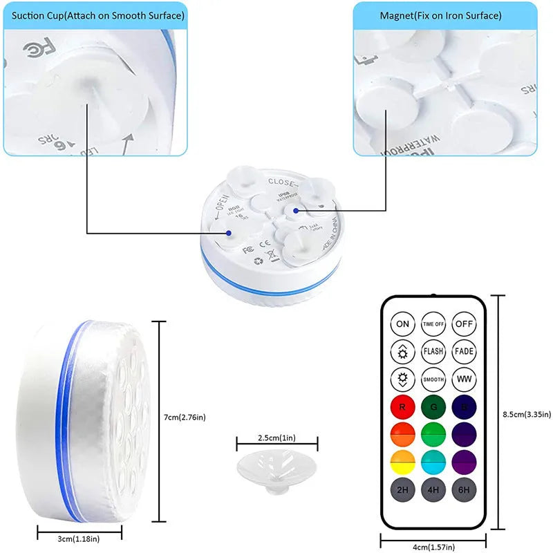 Remote control colour-changing underwater LED light with IP68 waterproof rating in a compact 7cm by 3cm ABS case.