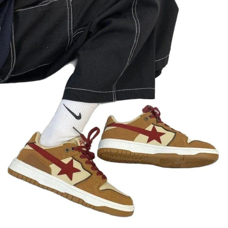 Brown women's platform sneakers with sequin detailing and lace-up front
