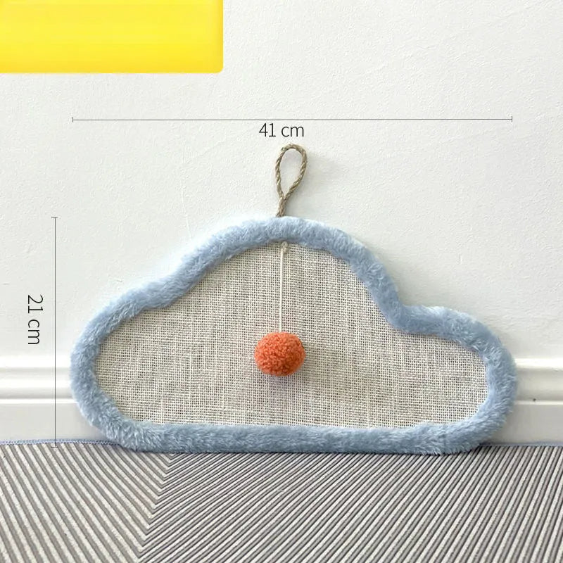 White sleeping cat pattern sisal scratching mat mounted on wall with curved design